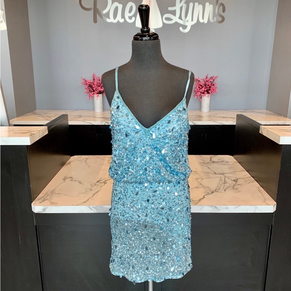 Sherri Hill Light Blue Beaded Mini Dress